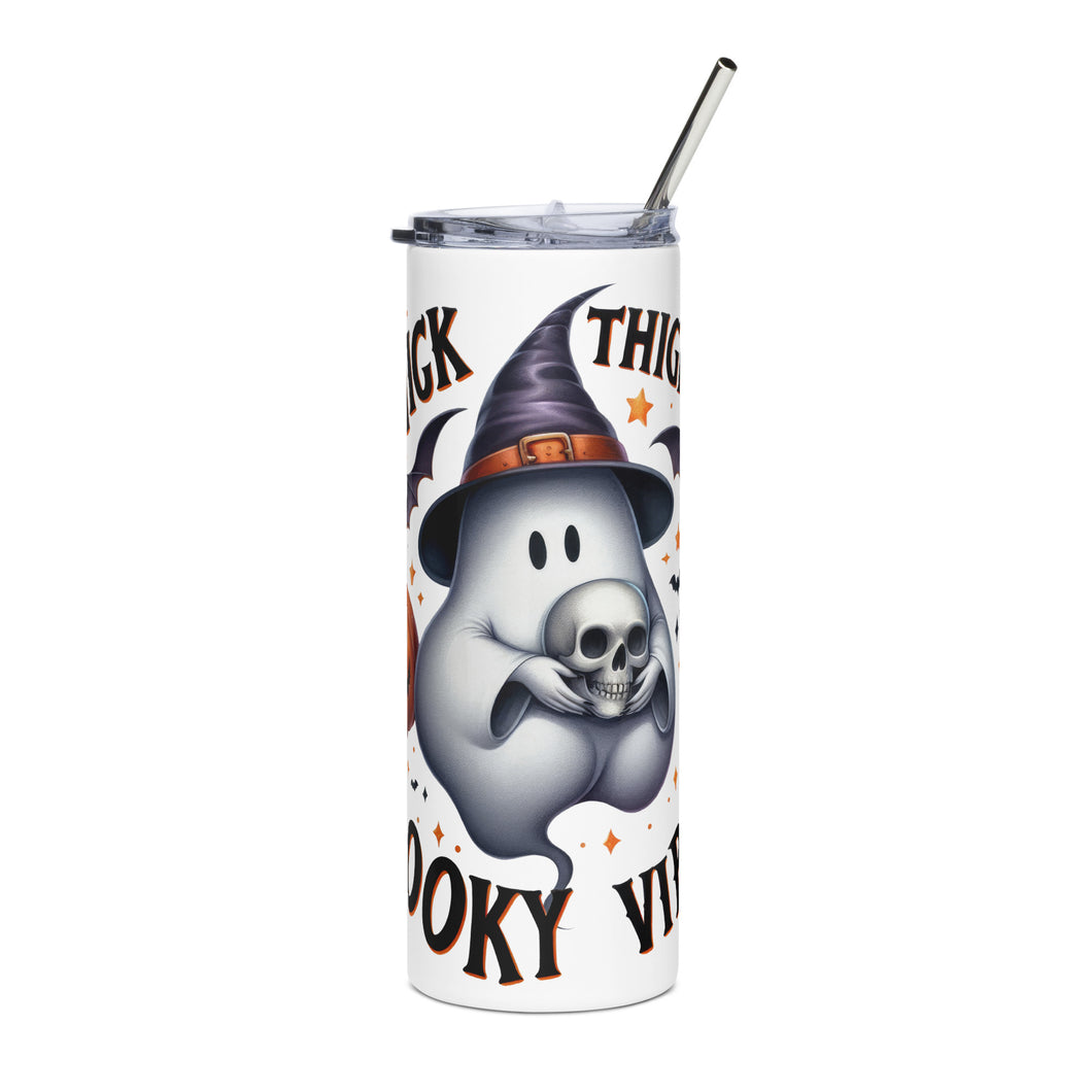 Thick Thighs and Spooky Vibes stainless steel tumbler