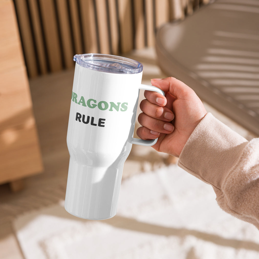 Dragons Rule travel mug with a handle